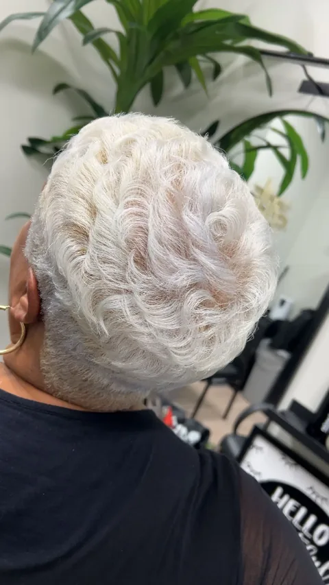 Back view of a platinum pixie with defined silver waves and a tapered nape